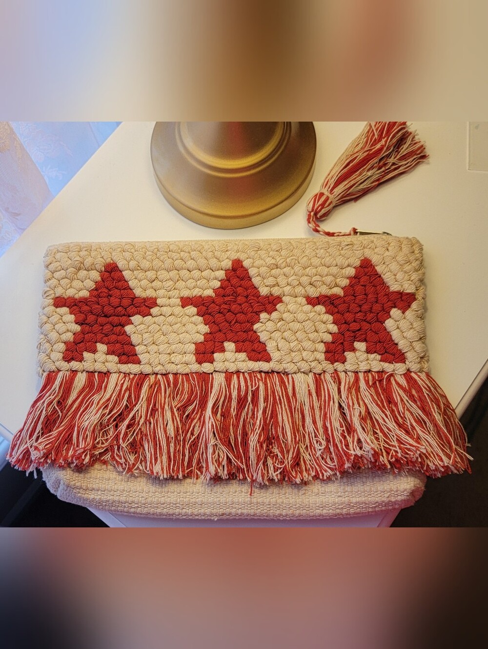 Woven Fringe Clutch Bag in Red and Cream